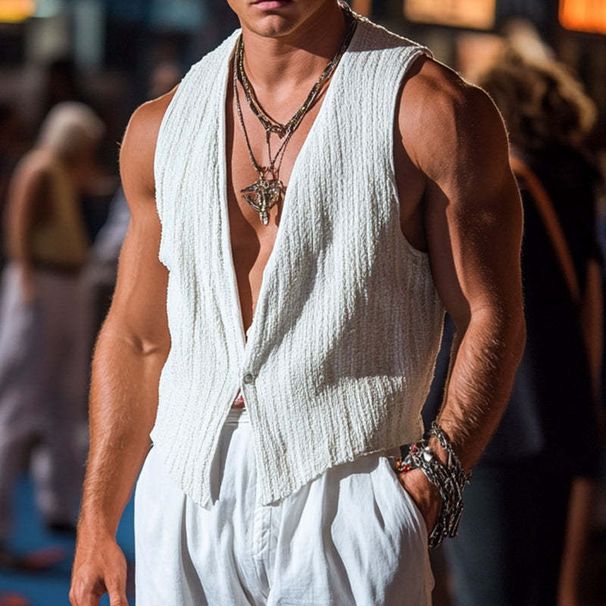 Men's Clothing Sleeveless Vest V Neck Button Loose Casual Temperament Tops_viptrois.com