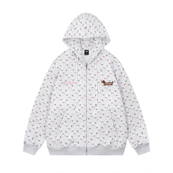 Full Print Animal Puppy Hooded Cardigan Sweatshirt Men's Autumn Winter Loose Casual Vibe Trendy American Niche Jacket_viptrois.com