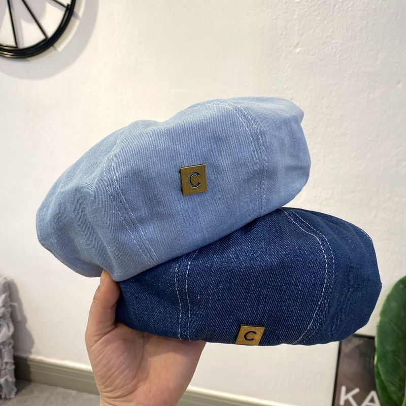 Letter Denim For Women Spring Summer Face Slimming Small Beret Artist Large Head Circumference Hat Ins_viptrois.com