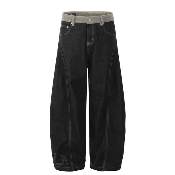 American Style Washed Scimitar Plush Patchwork Jeans Men's High Street Trendy Design Wide Leg Long Pants_viptrois.com