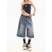 Men's Clothing Retro Washed Old Lightning Pattern Three Quarter Denim Shorts Loose Straight Wide Leg Mid Length Pants_viptrois.com