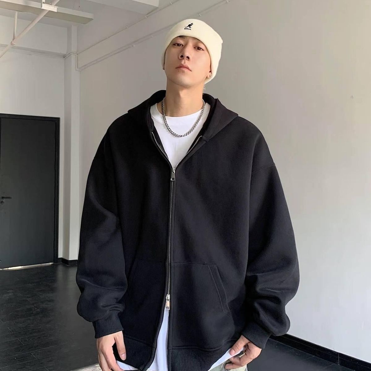 Autumn New 420g Heavy Cardigan Sweater Men's And Women's Trend Loose Casual Solid Color Hooded Sweater Ks001_viptrois.com