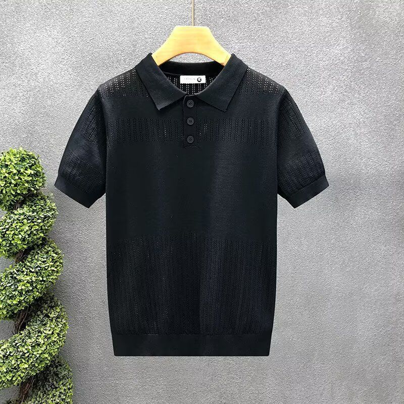 Men's Summer Breathable Hollow out Collar Short Sleeve Polo Shirt Solid Color High End Knitwear for Commuting And Casual Wear_viptrois.com