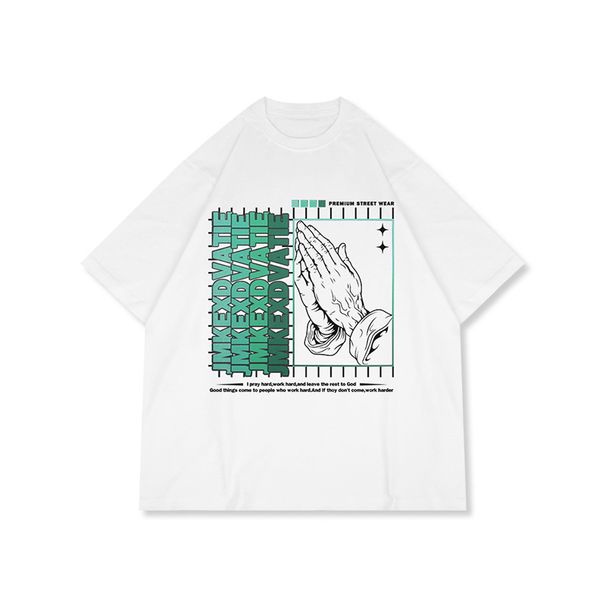 Men's Clothing Retro Washed Gesture Prayer Print Street Loose Casual Short Sleeved T Shirt_viptrois.com