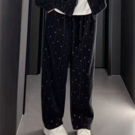 High-Quality Stand Collar Warm Two-Piece Set Colorful Woven Zipper Cardigan Jacket Draped Long Pants Fashion Versatile_viptrois.com