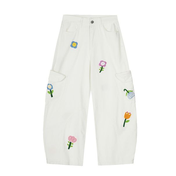 Floral Embroidery Cargo Scimitar Jeans Men's Spring Autumn American Street Fashion Design Loose Wide-Leg Pants_viptrois.com
