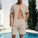 Men's Linen Hawaiian Style Short Sleeve Shirt And Shorts Set Breathable Loose Fit Beach Vacation Casual Two-Piece Summer Suit_viptrois.com