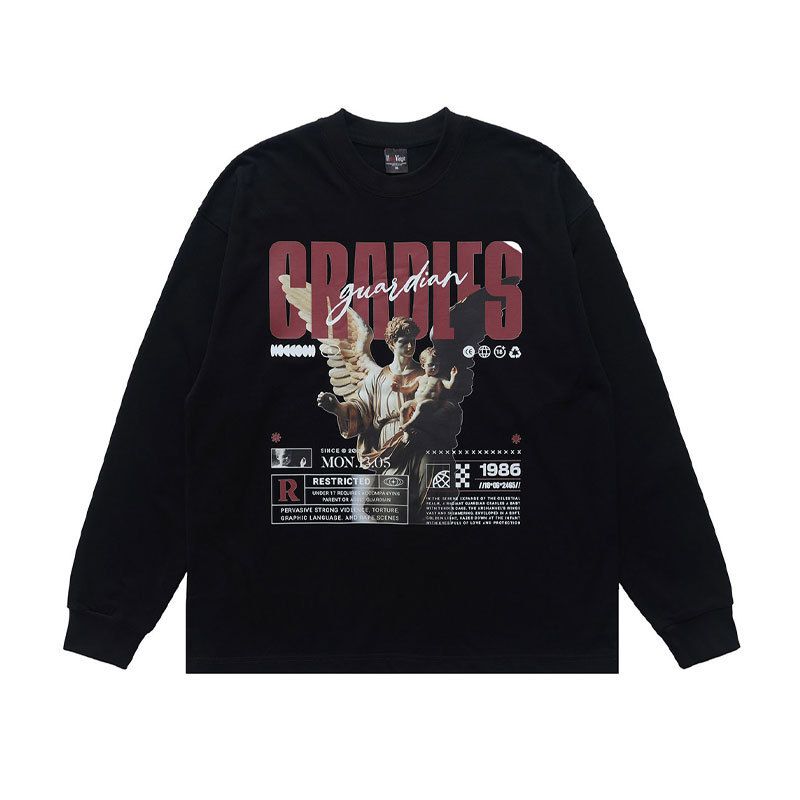 American-style Plaster Angel Print Long-sleeve T-shirt, Round Neck, Trendy Top_viptrois.com