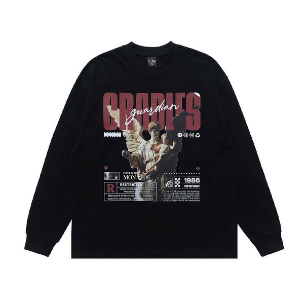 American-style Plaster Angel Print Long-sleeve T-shirt, Round Neck, Trendy Top_viptrois.com