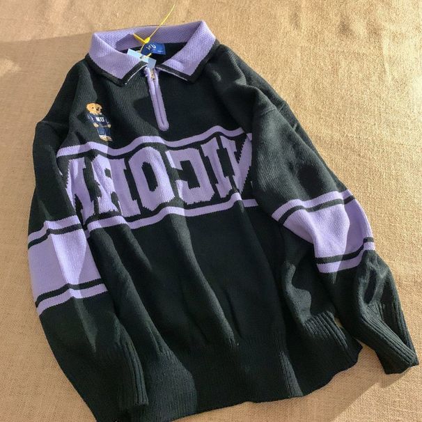 Men's Clothing American Retro Chic Polo Collar Bear Sweater Jacket Men Autumn And Winter Loose High End Color Matching Bottoming Sweater_viptrois.com
