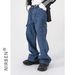 Unisex Streetwear Wide Leg Denim Pants Cargo Jeans with Utility Pockets Loose Fit Washed Blue And Grey for Men And Women_viptrois.com
