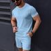 Men's Clothing Solid Color Jacquard Leisure Round Neck Pullover Short Sleeved Shorts_viptrois.com