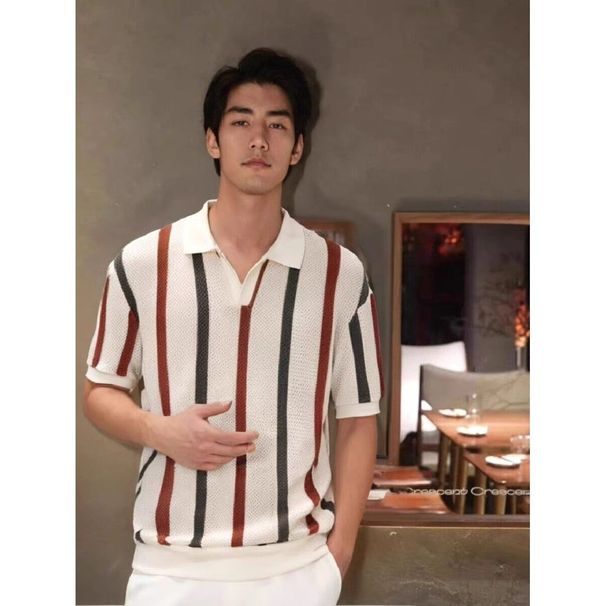 American Contrasting Stripes Hollowed-out Knitted Polo Shirt Short-sleeved Men's Summer High-end Loose Casual Stacked Collar T-shirt_viptrois.com