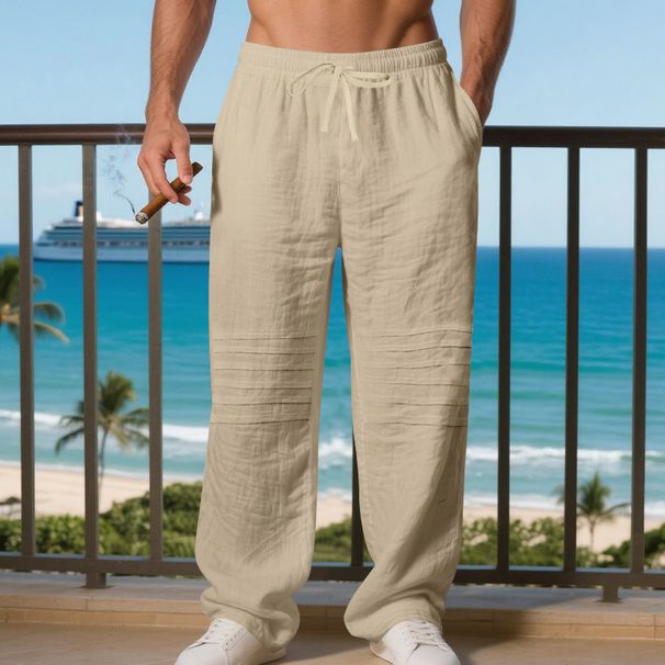 Men's Loose Fit Casual Trousers Autumn Arrival American Style Trendy Pleated Straight Leg Breathable Linen Pants_viptrois.com