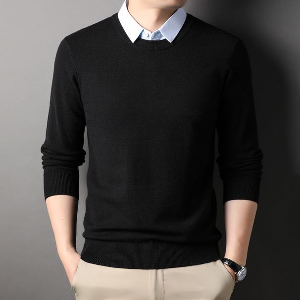 V-neck Fake Two-piece Thickened Knitted Sweater Medium Casual Dad Long-sleeved Bottoming Shirt_viptrois.com