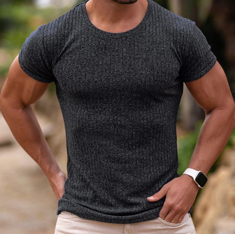 Men's Vertical Stripe Short Sleeve T-Shirt – Breathable Stretch Fit, Summer Sports & Casual Wear, Crew Neck Comfort For Gym & Outings_viptrois.com