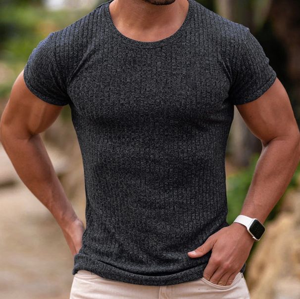 Men's Vertical Stripe Short Sleeve T-Shirt – Breathable Stretch Fit, Summer Sports & Casual Wear, Crew Neck Comfort For Gym & Outings_viptrois.com
