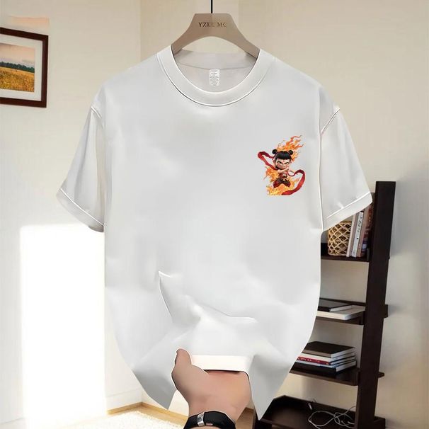 Trendy Nezha Printing Crew Neck Pure Cotton Short Sleeve 2025 New Summer Large Size T-shirt Versatile Loose Casual Top_viptrois.com