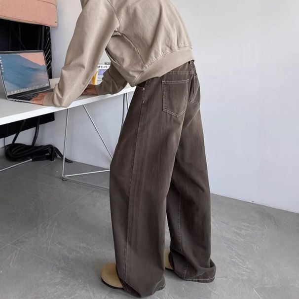 Distressed Melard Loose Straight-leg Pants, Vintage Jeans For Men, Clean-fit Wide-leg Floor-length Casual Trousers_viptrois.com