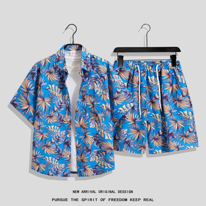 Men's Clothing Summer Men's Quick Drying Short Sleeved Floral Shirt Suit Hawaiian Beachwear Loose Casual Two Piece Suit Outerwear Shorts_viptrois.com