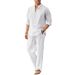 Men's Linen Stand Collar Shirt & Trousers Set – Lightweight Breathable Fabric (White/Grey/Black/Azure/Pink/Khaki, S-XXL)_viptrois.com