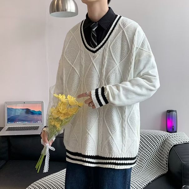 New popular youth trend long sleeved casual simple regular autumn pullover contrasting striped V-neck vest winter_viptrois.com