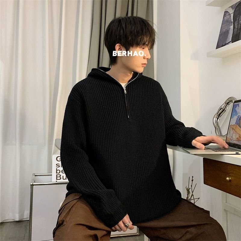 Pure American Gray Cleanfit Half-Zip Hooded Sweater For Men, Lazy Style With High-End Feel, Cool Knitted Jacket_viptrois.com