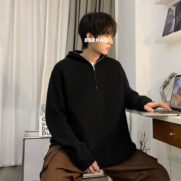 Pure American Gray Cleanfit Half-Zip Hooded Sweater For Men, Lazy Style With High-End Feel, Cool Knitted Jacket_viptrois.com