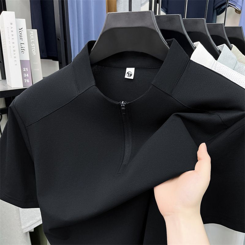 Men's Solid Color Quick Drying Half Zip Polo Shirt Short Sleeve Casual Fashionable Sporty Thin T-Shirt for Summer_viptrois.com