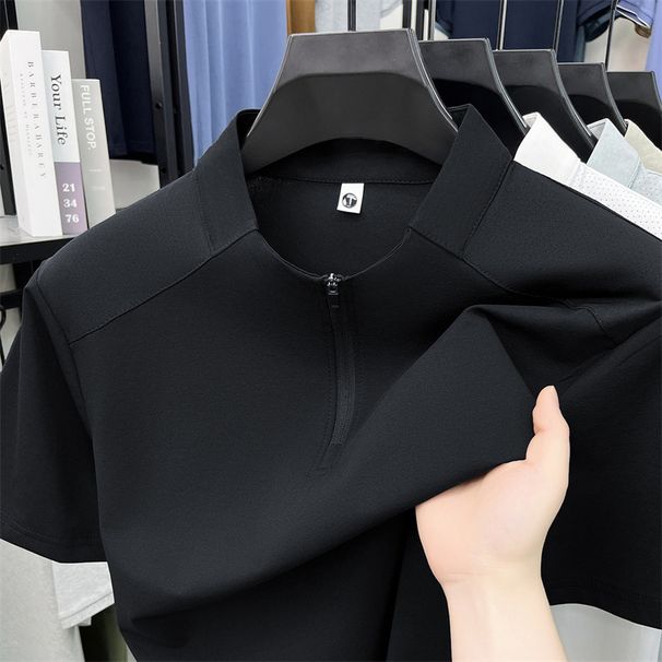 Men's Solid Color Quick Drying Half Zip Polo Shirt Short Sleeve Casual Fashionable Sporty Thin T-Shirt for Summer_viptrois.com