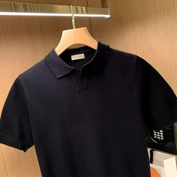 Men's Clothing Summer New Fashion Lapel Men's T Shirt Short Sleeves High End Black Casual Men's Knitted Polo Shirt Short Sleeves Men_viptrois.com