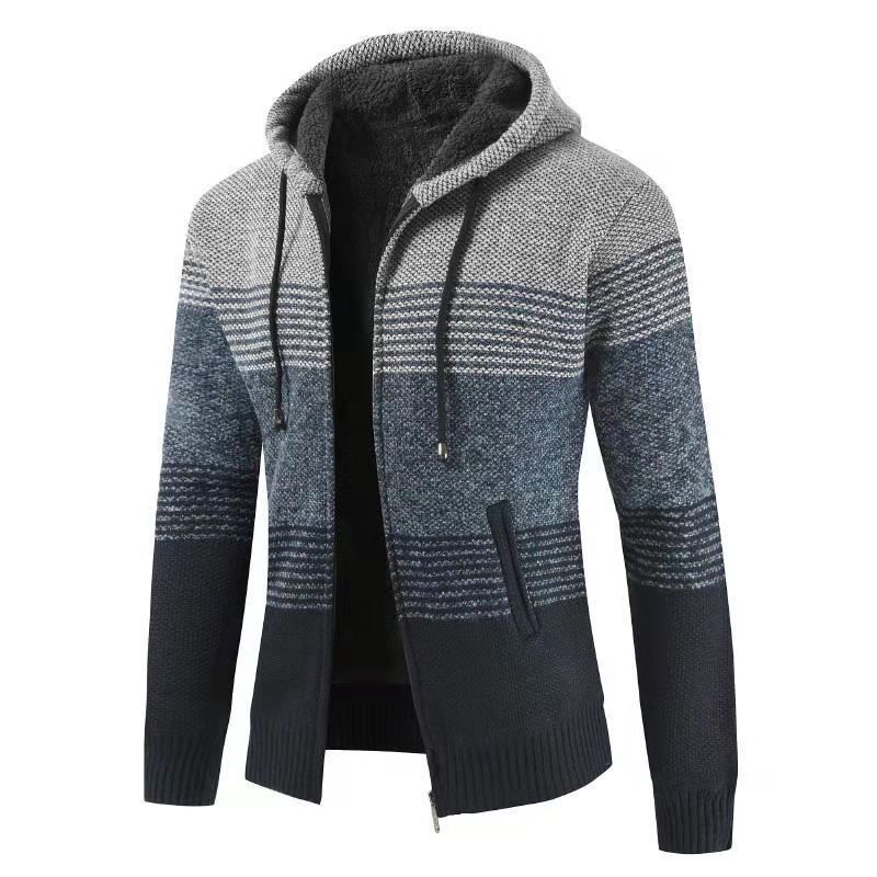 Men's Color Block Fleece Lined Hooded Cardigan Sweater - Warm Winter Knit Pullover With Contrast Panels_viptrois.com