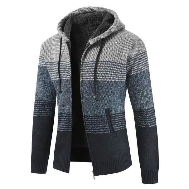 Men's Color Block Fleece Lined Hooded Cardigan Sweater - Warm Winter Knit Pullover With Contrast Panels_viptrois.com