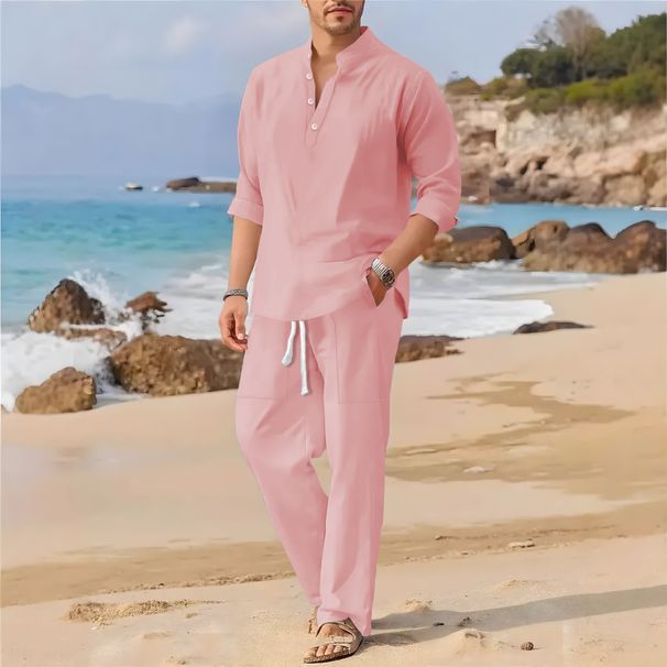 Men's Linen Stand Collar Shirt & Trousers Set – Lightweight Breathable Fabric (White/Grey/Black/Azure/Pink/Khaki, S-XXL)_viptrois.com