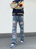 Hip Hop Patch Ripped Jeans Men's High Street Trend Embroidery Wide Straight Leg Loose Flared Pants Men_viptrois.com