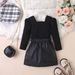 Children's Clothing Xiao Autumn And Winter Long Sleeved Woven Tweed Plaid Splicing PU Leather Short Skirt Hat Three Piece Suit For Girls_viptrois.com