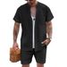 Men's Clothing Shirt Casual Henry Collar Pocket Short Sleeved Shorts Beach Suit_viptrois.com