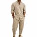 Men's Heavyweight Linen Casual Suit Summer High Street Striped Henley Shirt Joggers Set_viptrois.com