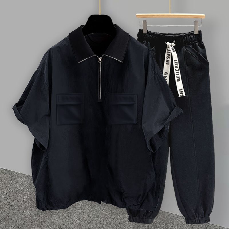Men's Clothing Half Zipper Solid Color Short Sleeved Suit Men's Summer Trendy Brand Workwear Pocket Design Student Loose Short Sleeved Cuffed Trousers_viptrois.com