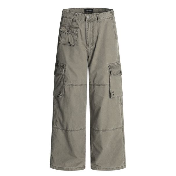 Punk Washed Vintage Denim Cargo Men's Deconstructed Design Multi-Pocket Straight Wide-Leg Pants Trendy_viptrois.com