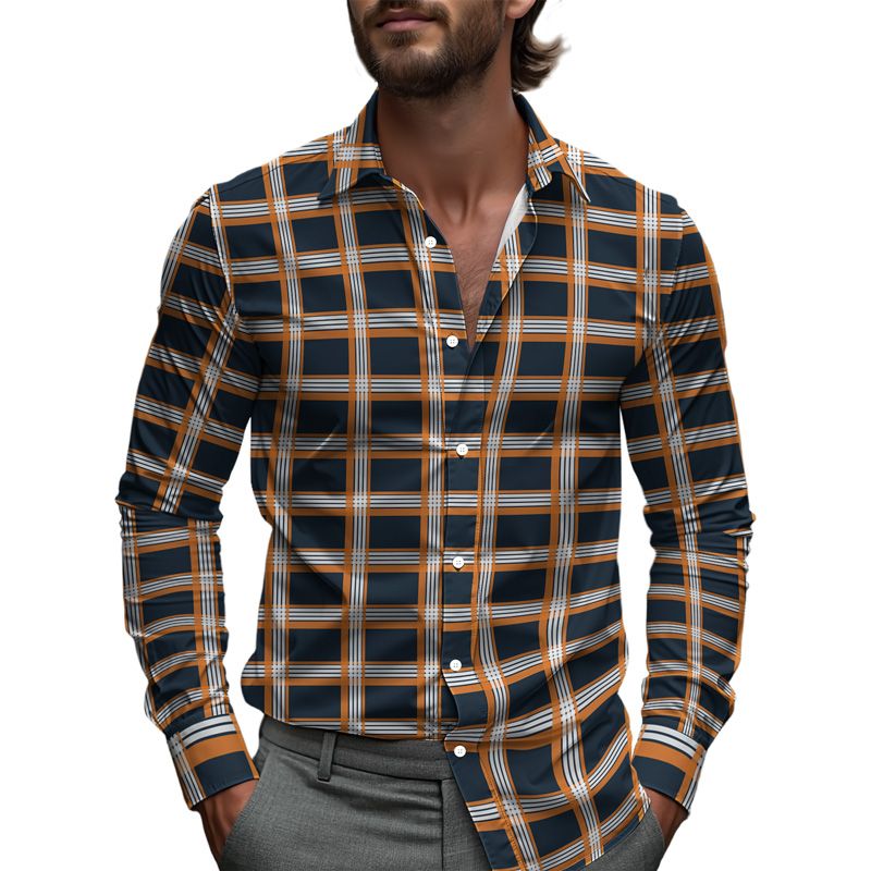 Versatile Wear Grid Stripe Mens Shirt Spring Single Breasted Lapel Design New Daily Fashion Casual Loose Comfortable Business_viptrois.com