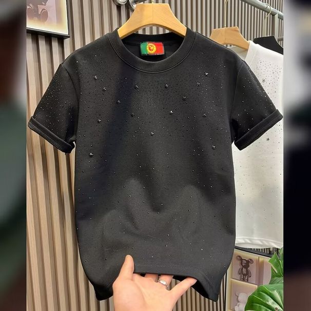 Men's Loose Short-Sleeved T-Shirt Summer Star Pattern Diamond Trendy Brand American Retro Casual High End Polyester Top_viptrois.com