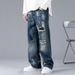 Men's Autumn New Ripped Jeans Patch Loose Straight Wide Leg Trendy Casual Men's Pants_viptrois.com