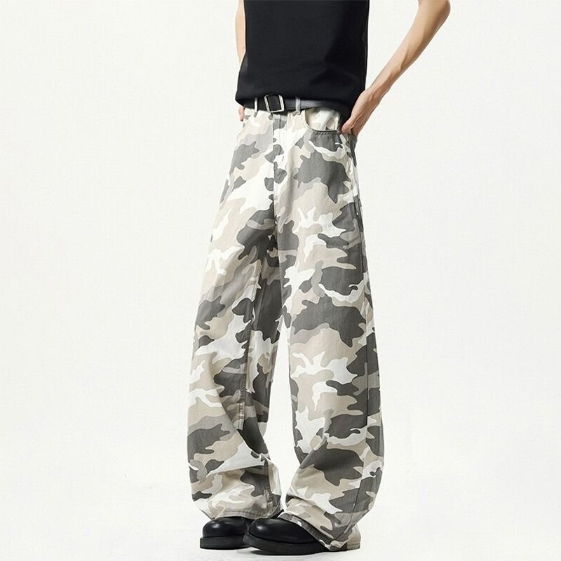 Premium Products Grey White American Camouflage Jeans Men's Trendy High Street Hip-hop Straight Loose Wide Leg Long Pants_viptrois.com