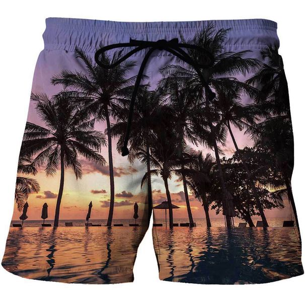 2023 Cross-border Summer New 3D Printed Beach Pants Holiday Sunset Landscape Shorts_viptrois.com
