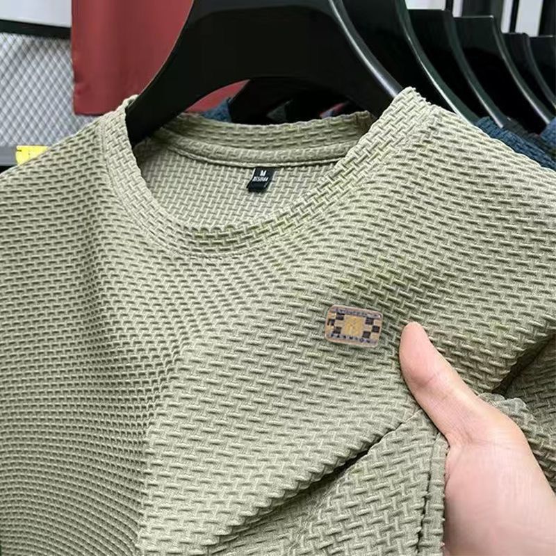 Men's Clothing High End Light Luxury Dark Pattern Jacquard Bubble Ice Silk Summer Men's Simple Printing Round Neck Short Sleeved T Shirt Top_viptrois.com