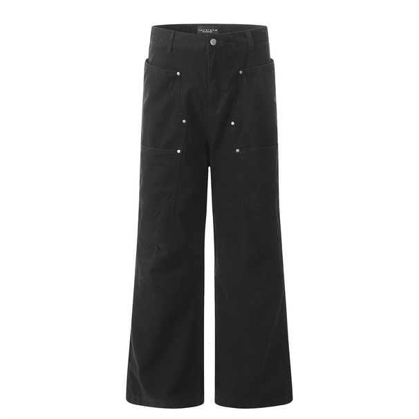 American Style Denim Cargo For Men Heavy Craft Stitching Design Sense Niche Loose Wide Leg Straight Long Pants Trendy_viptrois.com