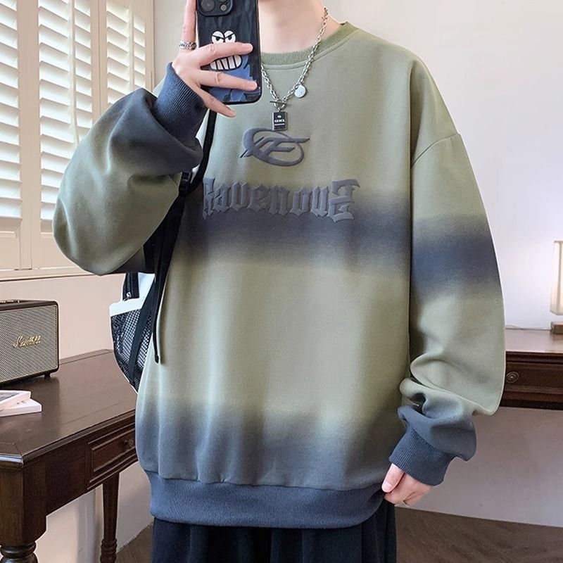 Loose Gradient Sweatshirt, Men's Round Neck Long Sleeved T-shirt, Youth Trendy Brand Printed Casual Top_viptrois.com