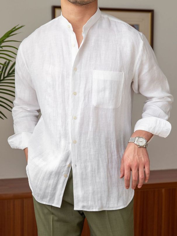 Men's Clothing Casual Breathable Pure Linen Long Sleeved Shirt Versatile Vacation Stand Up Collar Shirt Men's Henley Collar Top_viptrois.com