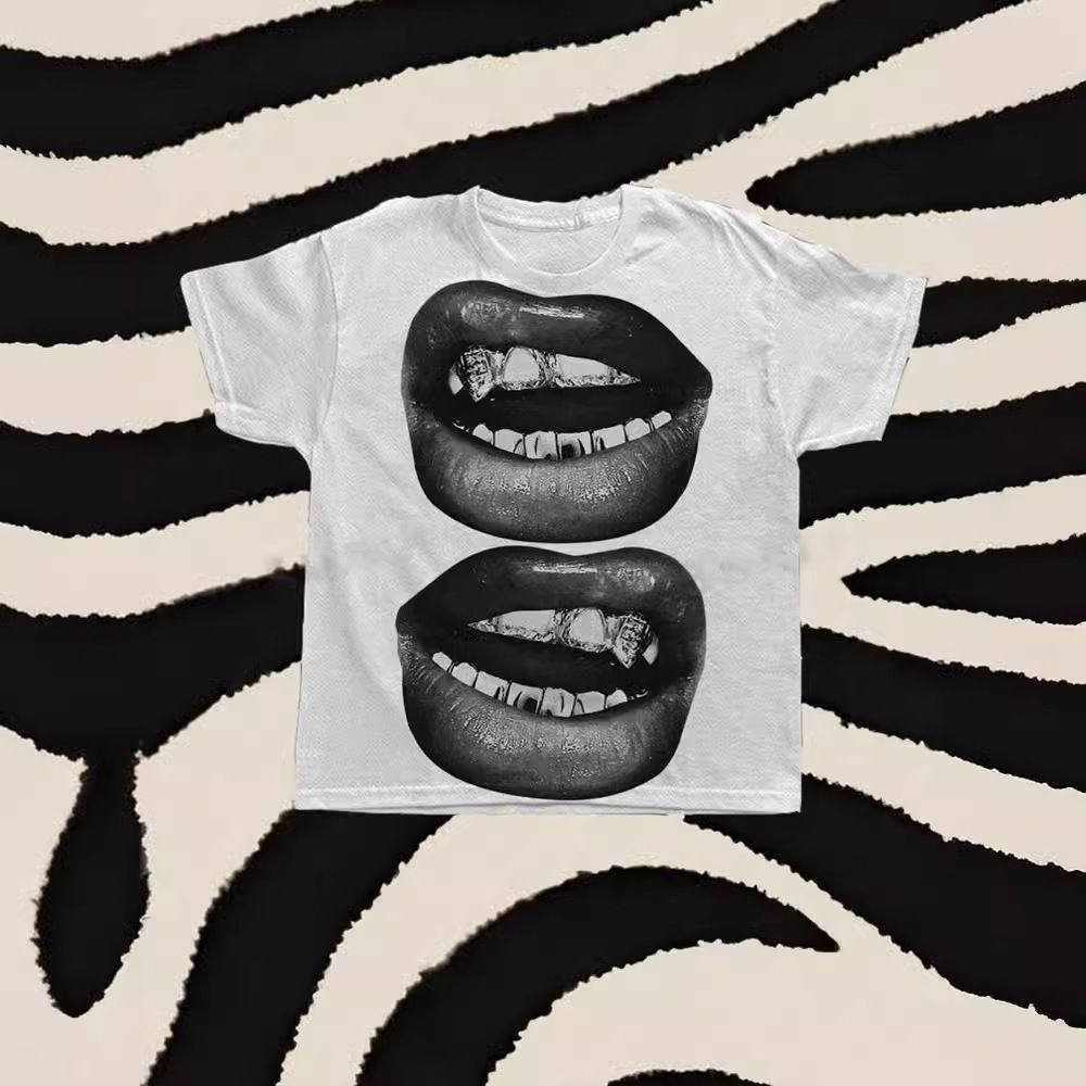 Men's Clothing Summer New Gothic Clothing Women's Club Lips Printed Cropped Tops_viptrois.com